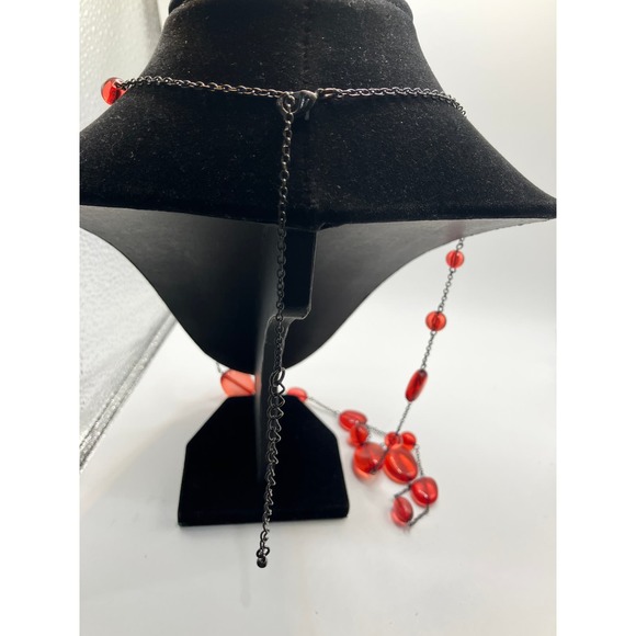 Red Transparent Beaded Gun Metal Gray Chain Necklace & Earrings! - Picture 7 of 14